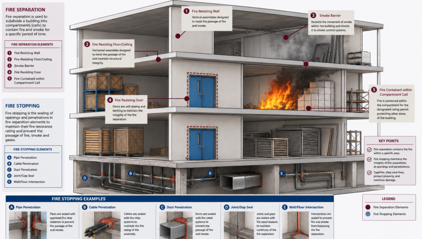 Diagram illustrating fire separation and fire stopping in a wall assembly
