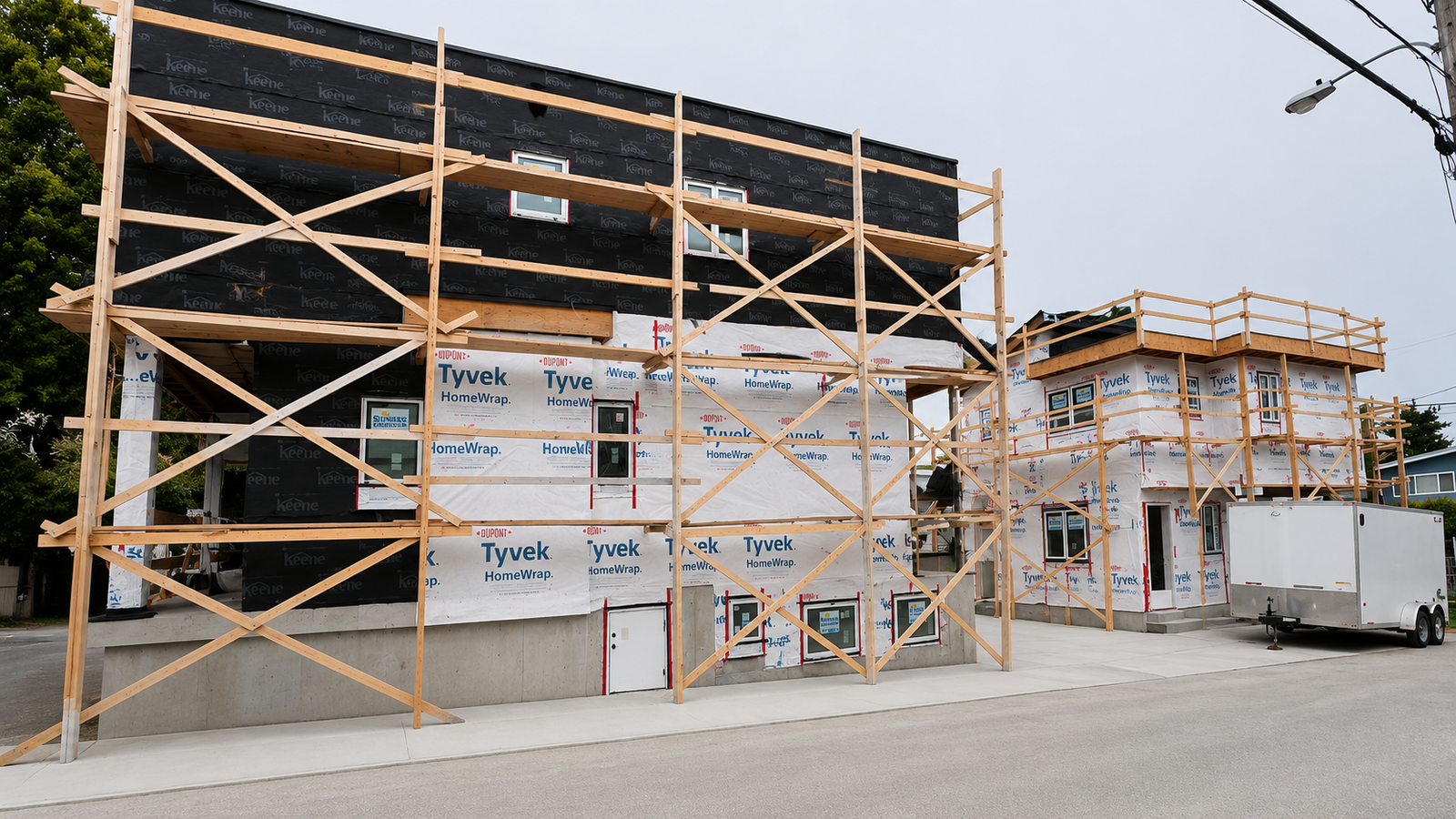 Passive House in Vancouver: What It Is, What It Takes, and How We Can Build It for You 2 Weather-resistive barrier being installed on a house under construction